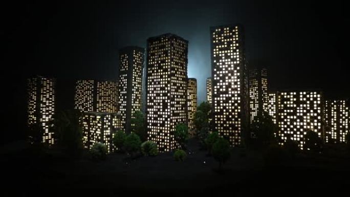 卡通风格的城市建筑。现实的城市建筑微缩模型与灯光。背景。装饰城市。选择性聚焦