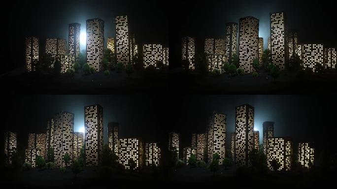 卡通风格的城市建筑。现实的城市建筑微缩模型与灯光。背景。装饰城市。选择性聚焦