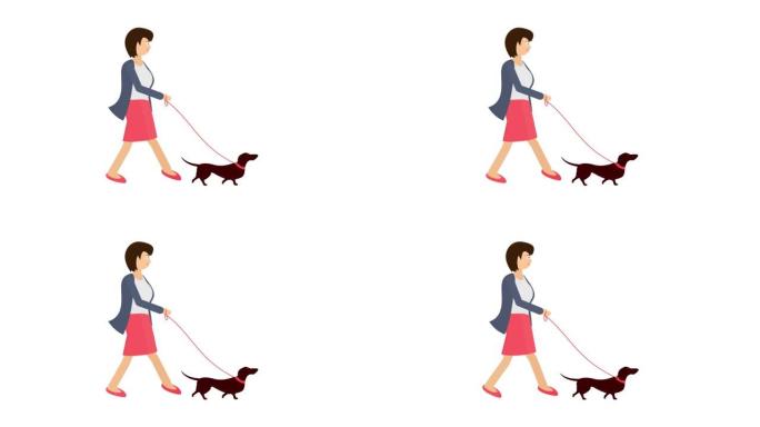 带着狗的女人。遛狗的动画。卡通