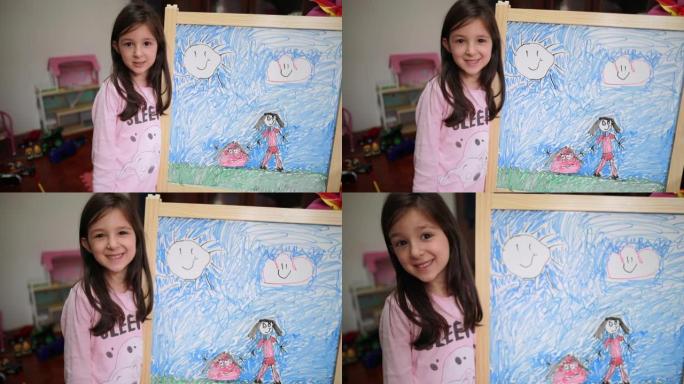 可爱的女孩的肖像，她的孩子在家里的白板上画画