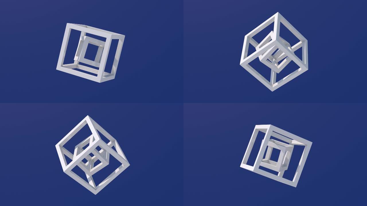 两个白色立方体旋转，蓝色背景。抽象插图，3d渲染。