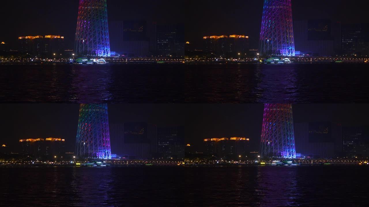 夜间照明广州市著名滨河交通湾塔全景4k中国