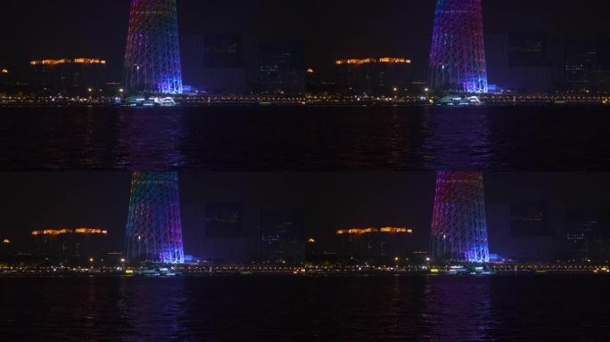 夜间照明广州市著名滨河交通湾塔全景4k中国