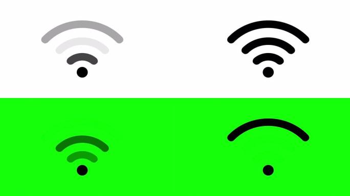 白色和绿色背景上的Wifi信号图标。4k动画的wi-fi连接级别符号