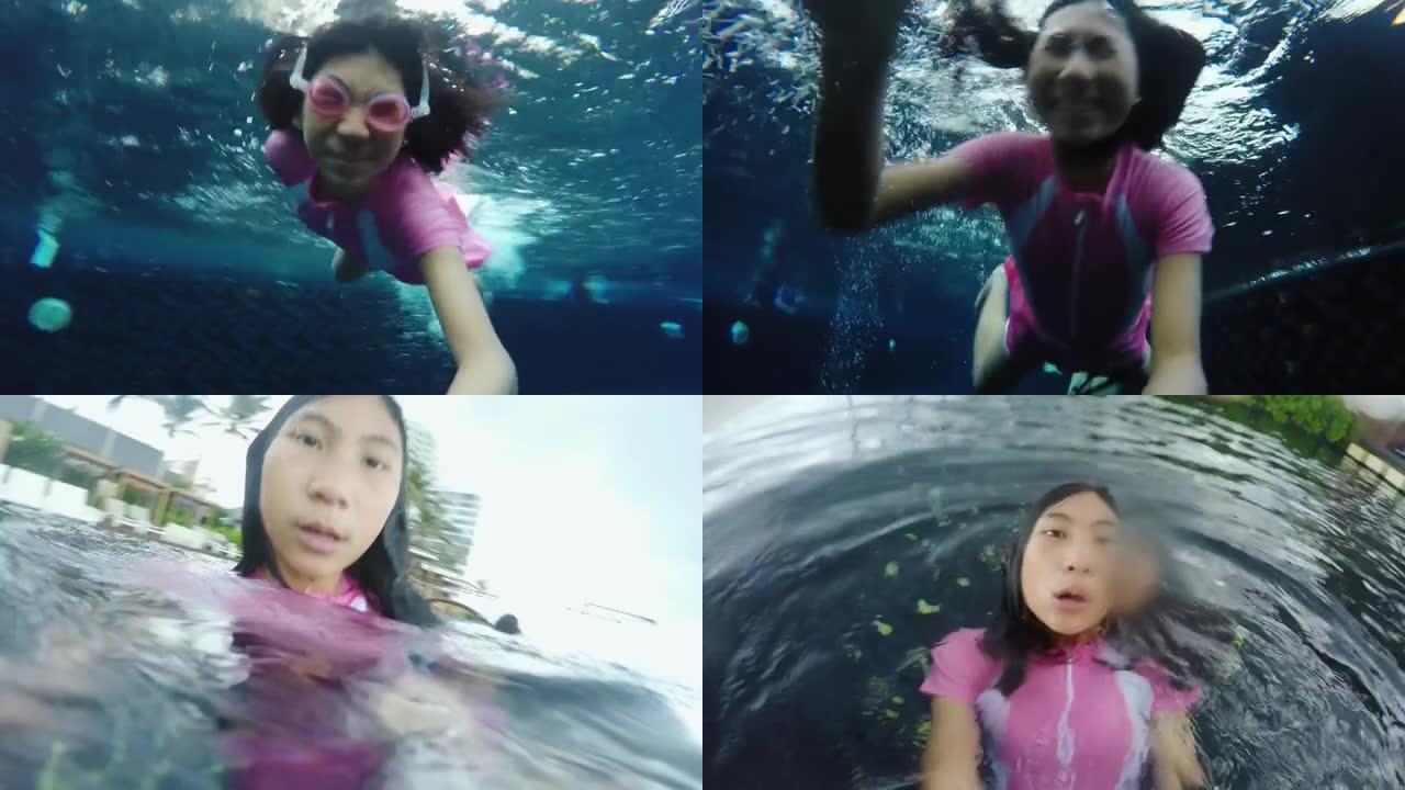 快乐的亚洲女孩在酒店度假期间在游泳池放松，有家庭生活理念。
