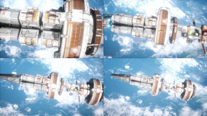 未来的宇宙飞船飞越未开发的蓝色星球。该动画适用于梦幻般的，未来派或太空旅行背景。宇宙飞船在太空中的景