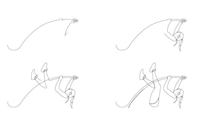 练习撑竿跳高的女运动员连续线描自画动画。