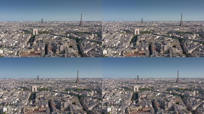 飞越巴黎市著名拱门和塔区晴天空中全景4k法国