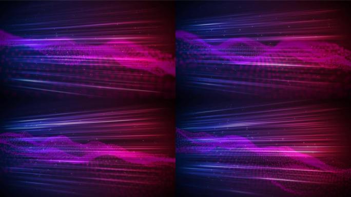 发光线条的动画抽象网格，带有粉红色和紫色的斑点漂浮和挥舞