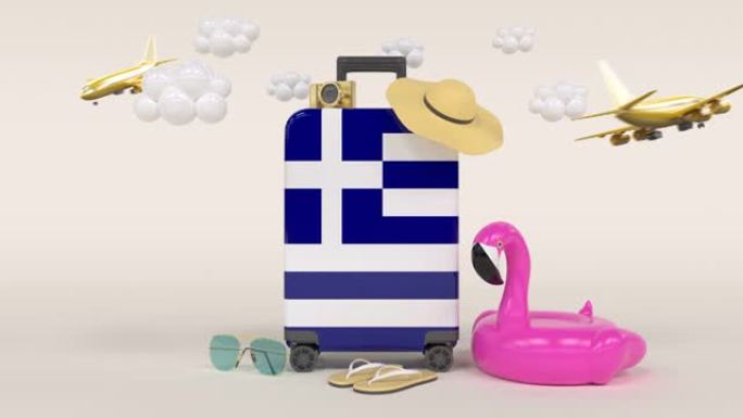 带希腊国旗手提箱的3D循环假日概念