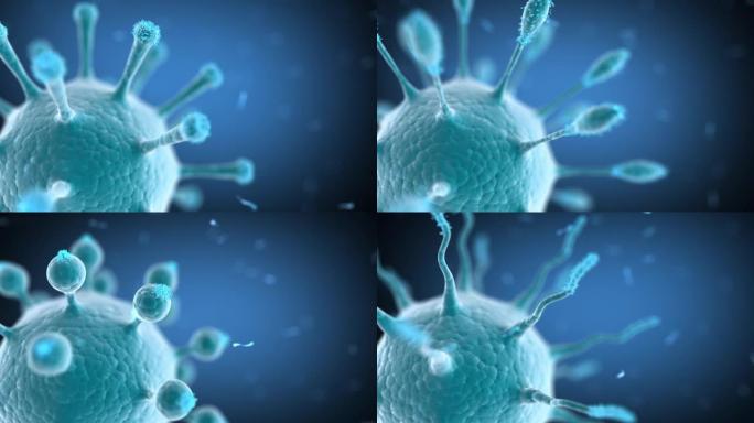 新型冠状病毒肺炎的不同变体菌株。幻想科学3d动画背景