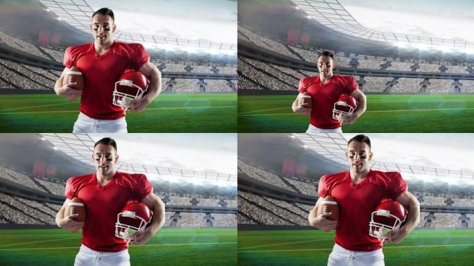 美式足球运动员持球和头盔在运动场上空的动画