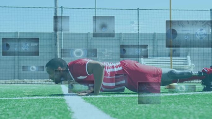 假肢做俯卧撑的男子足球运动员的示波器和数据处理动画