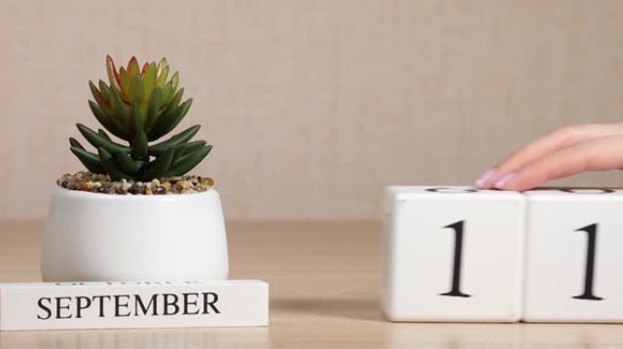 木制日历对9月11日来说是一个重要的事件，女人的手在日历上设置日期。秋季。