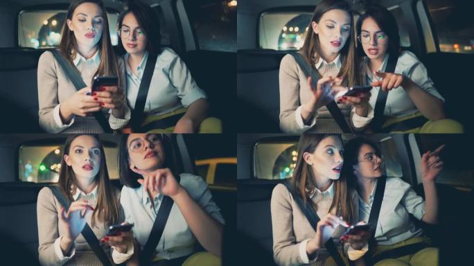 年轻女性坐在汽车后座上，使用智能手机