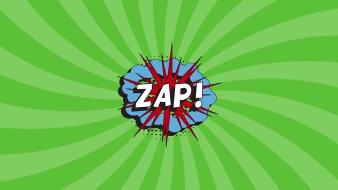 'ZAP!在复古漫画中，带有动画绿色背景上的半色调点状阴影的气泡