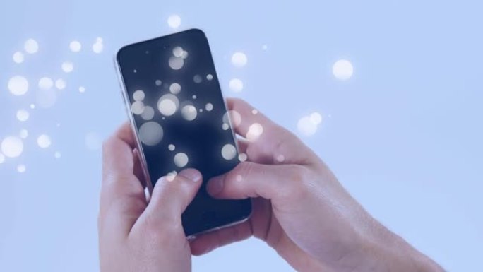 使用蓝色背景上的智能手机在女人身上多个白色斑点的动画