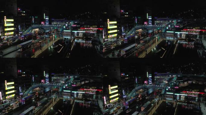 雨夜照明台北市中心交通街汽车站广场空中全景4k台湾