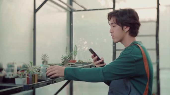 亚洲男子向植物拍照并检查