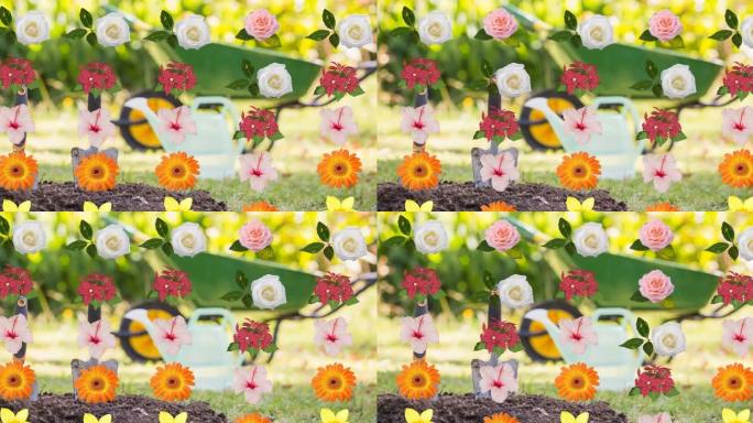 一排排相配的花头在独轮车和花园背景上一致移动的动画