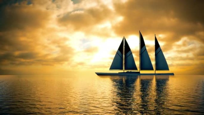 一艘帆船在美丽的金色日落前经过的剪影-可循环