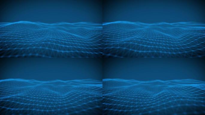 深蓝色背景上的线条和点的波浪动画。背景运动变换的摘要图解。4К