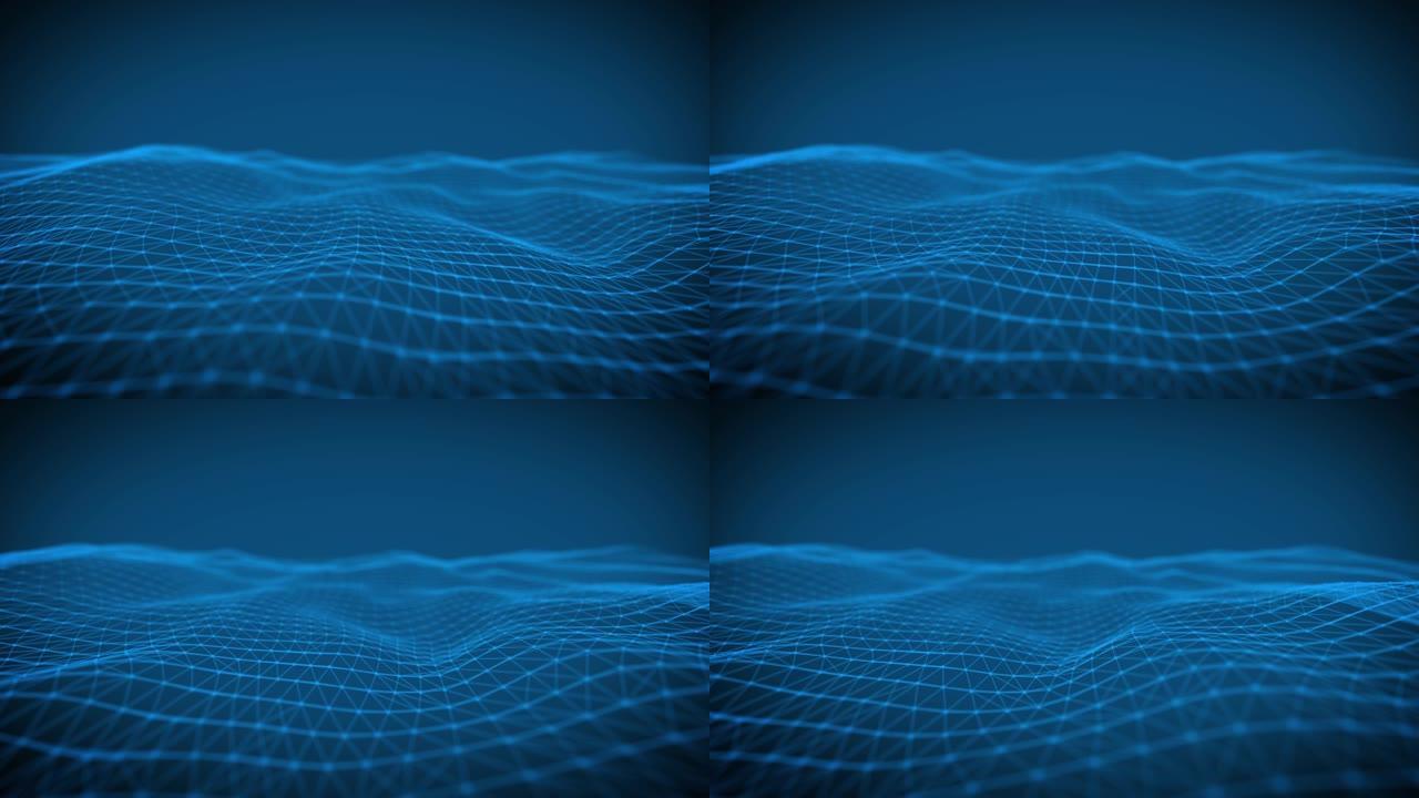 深蓝色背景上的线条和点的波浪动画。背景运动变换的摘要图解。4К