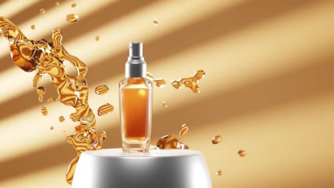 银色讲台上的金色化妆品玻璃瓶，喷洒金色液体，面部油，飞溅背景中的奢华香水，美容护肤产品，乳液，精华液