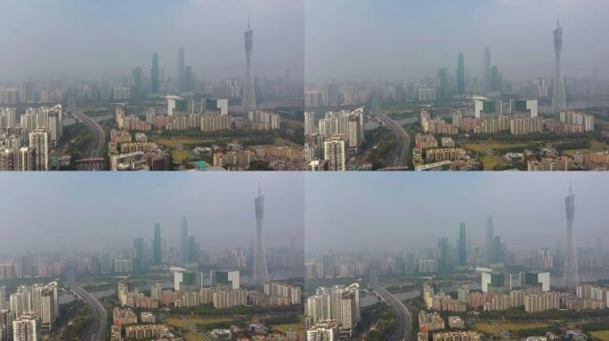 阳光明媚的日子广州市市中心交通大桥著名塔河畔空中全景4k中国