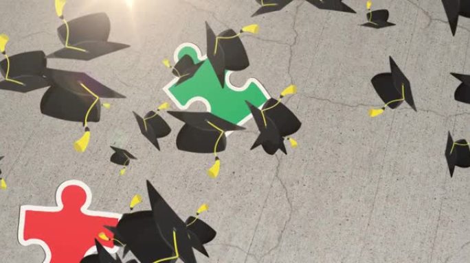 灰色背景上带有迷宫和毕业帽的人头拼图动画