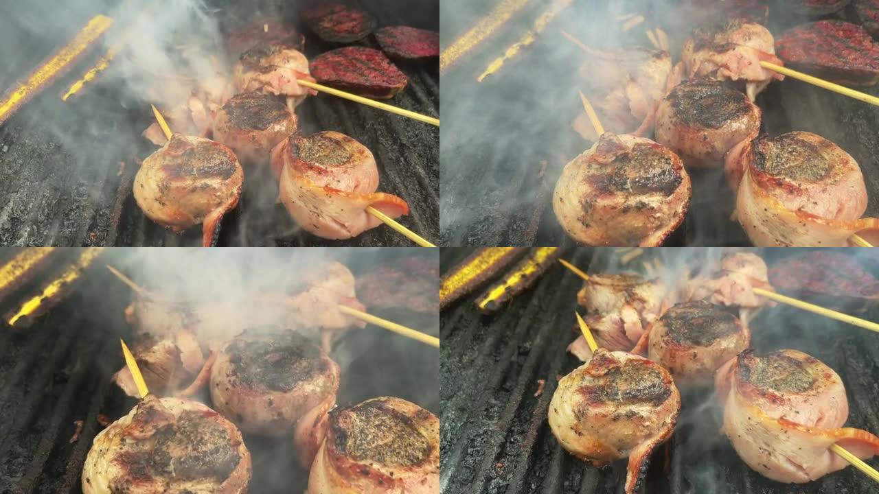 烤鹿肉培根包裹里脊肉在西科罗拉多4k视频系列燃气烤架上煮熟