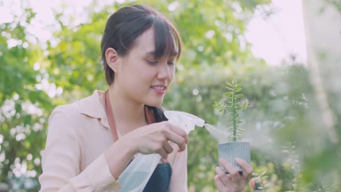 亚洲年轻女子在家喷洒照顾花园植物，慢动作。