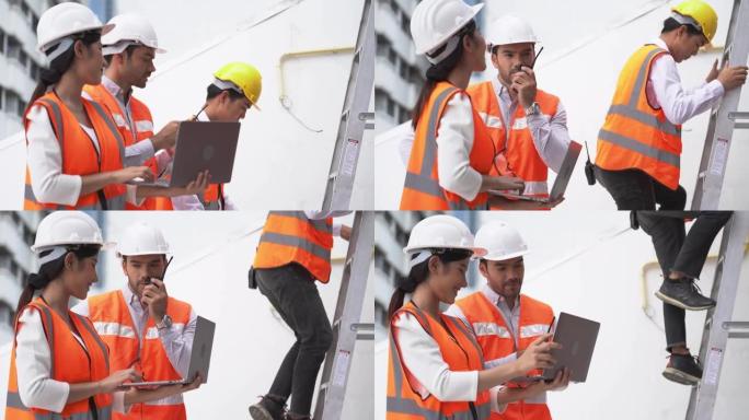 工程师开会检查。员工与团队一起检查和检查。男工程师在安全套内为亚洲男女提供一些建议。上楼梯的工人。
