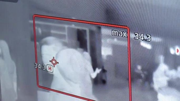 热扫描仪摄像机在冠状病毒期间检查人员，Covid 19爆发，温度控制监视器