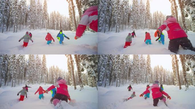 SLO MO的孩子们在白雪皑皑的森林里度过了愉快的一天
