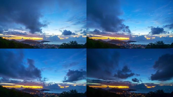 镜头B卷时间流逝在泰国普吉岛巴东市日落天空中雨云日夜延时云景惊人的高角度视图