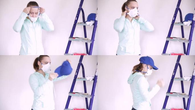 一名年轻女子戴上呼吸器，拿起刷子进行维修工作。