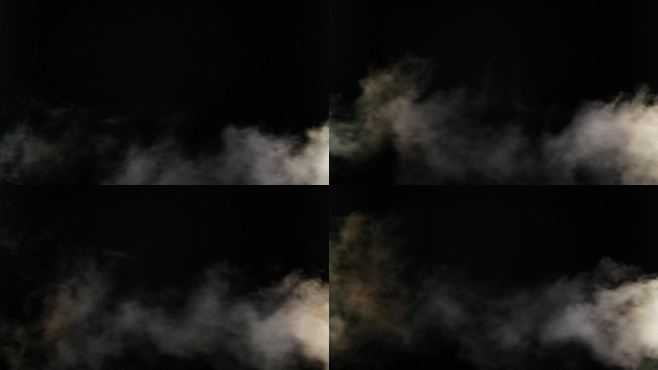 黑色背景上的雾，蒸汽，烟云的慢动作