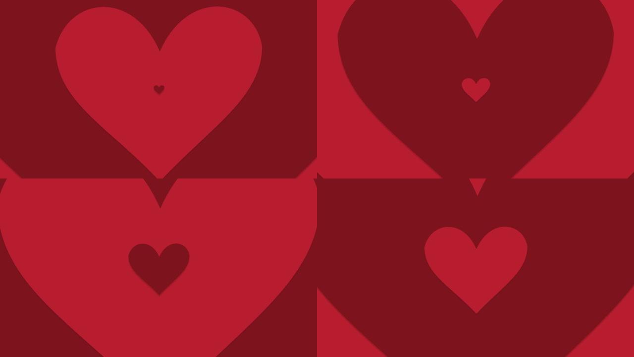 红红色，美丽的心形流动隧道快速无缝，抽象浪漫未来背景，循环3d动画，圣诞节和情人节，爱情关系节日活动