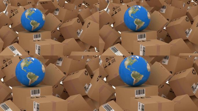 地球在白色背景上的多个堆积的纸板箱上的动画