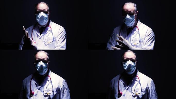 戴着口罩和手套的医生肖像从黑暗中出来，然后凝视着相机，把下巴放在下巴上。他是一个英雄，就像护士医生病