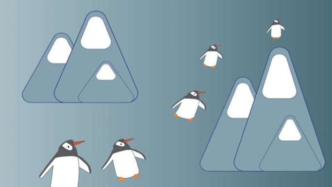 一群企鹅在群山中行走的动画。