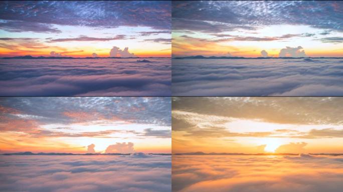 泰国宋卡府，萨道，勒山，带薄雾和雾云的日落日出场景