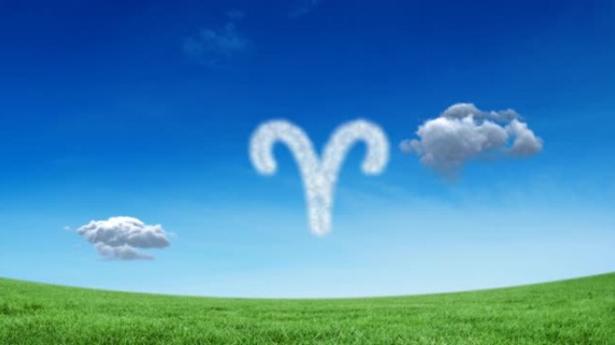 白羊座星辰十二生肖动画在草地上的蓝天上形成白云