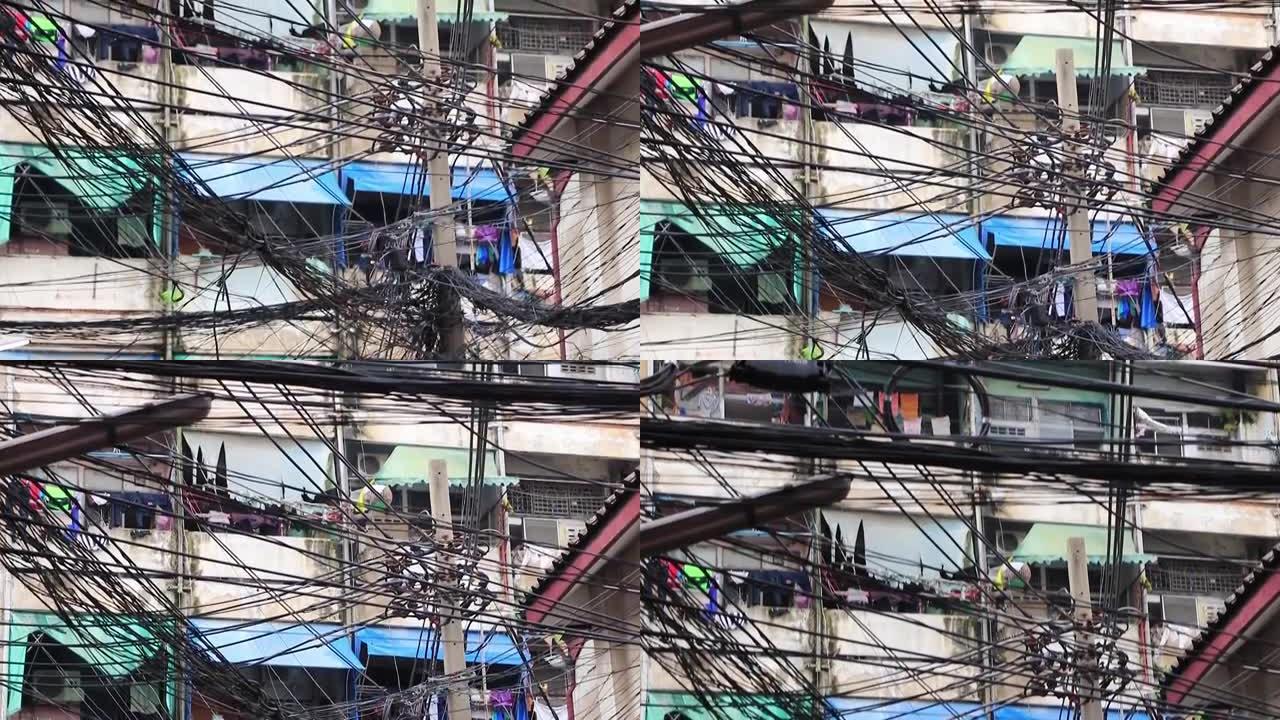 泰国曼谷泰国电线杆上的绝对电缆混乱。