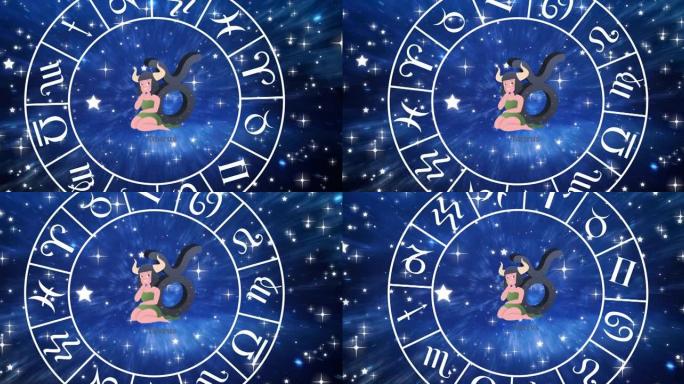 金牛座星座动画在蓝天上的星星上的十二生肖旋转轮内