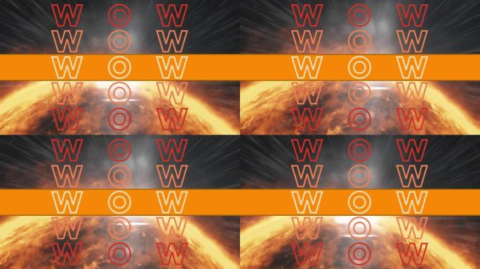 橙色横幅上重复的wow文本动画，背景为发光的地球仪