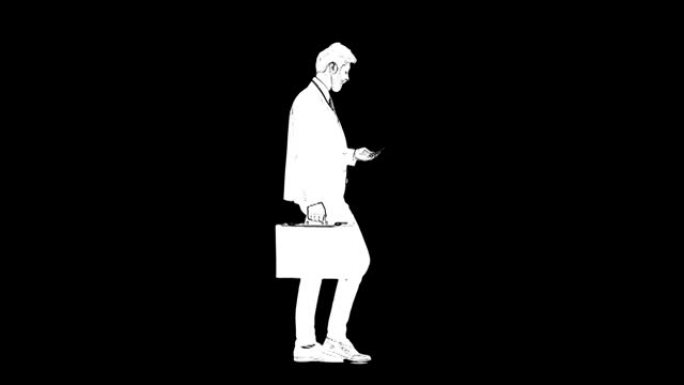 穿着西装的胡子男人的白色轮廓素描手拿公文包走路，在黑色背景上孤立的手机上聊天