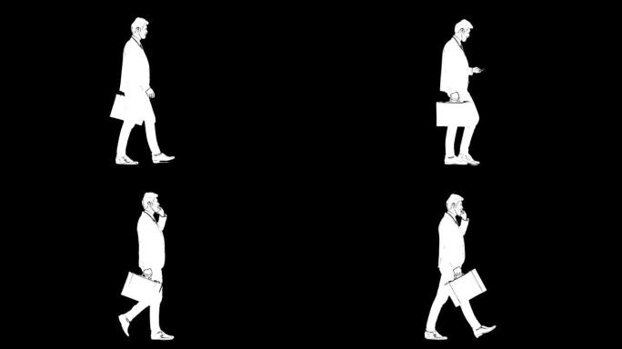穿着西装的胡子男人的白色轮廓素描手拿公文包走路，在黑色背景上孤立的手机上聊天