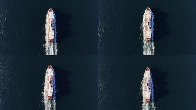 令人惊叹的高角度空中无人机鸟瞰4k镜头，一艘淡水级渡轮将悉尼中央商务区的环形码头与悉尼北部海滩上著名